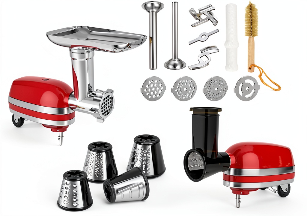 Akiosk meat grinder attachment assembled on a KitchenAid mixer