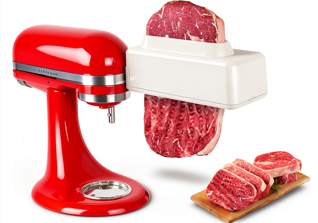 LETOMS meat tenderizer attachment in use on a kitchen counter