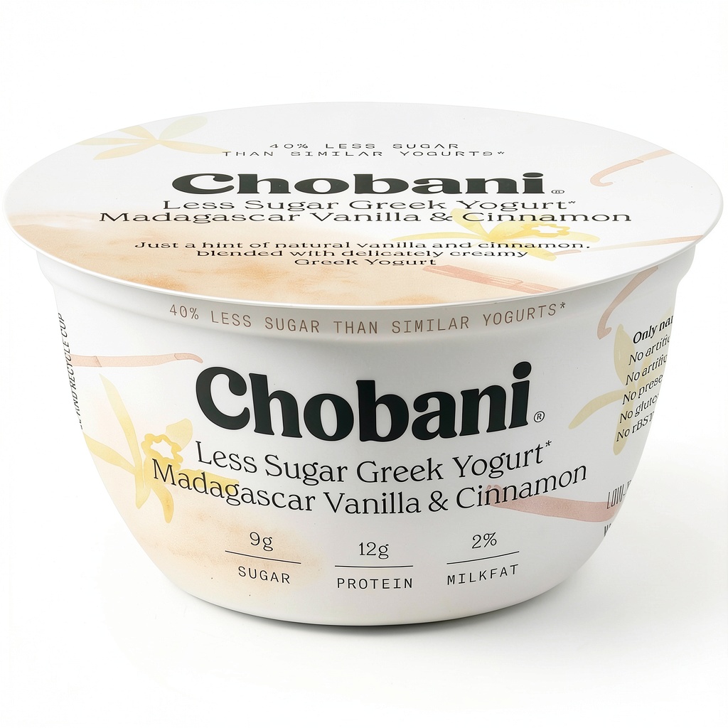 Chobani Greek Yogurt container on a kitchen counter