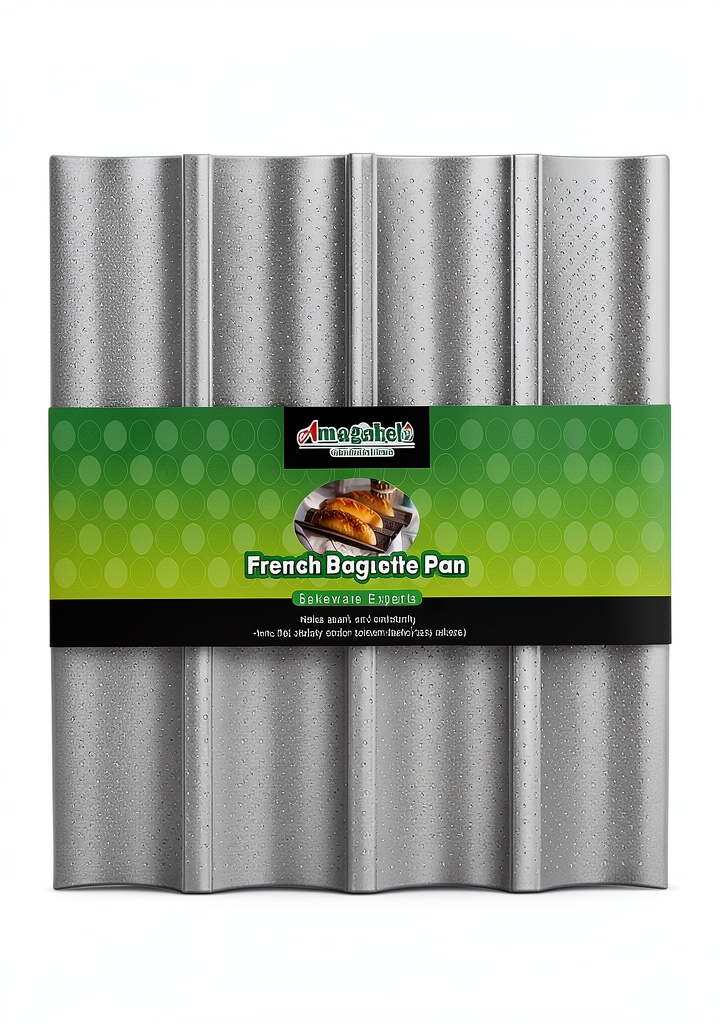 Amagabeli carbon steel baguette pan with fresh baked baguettes