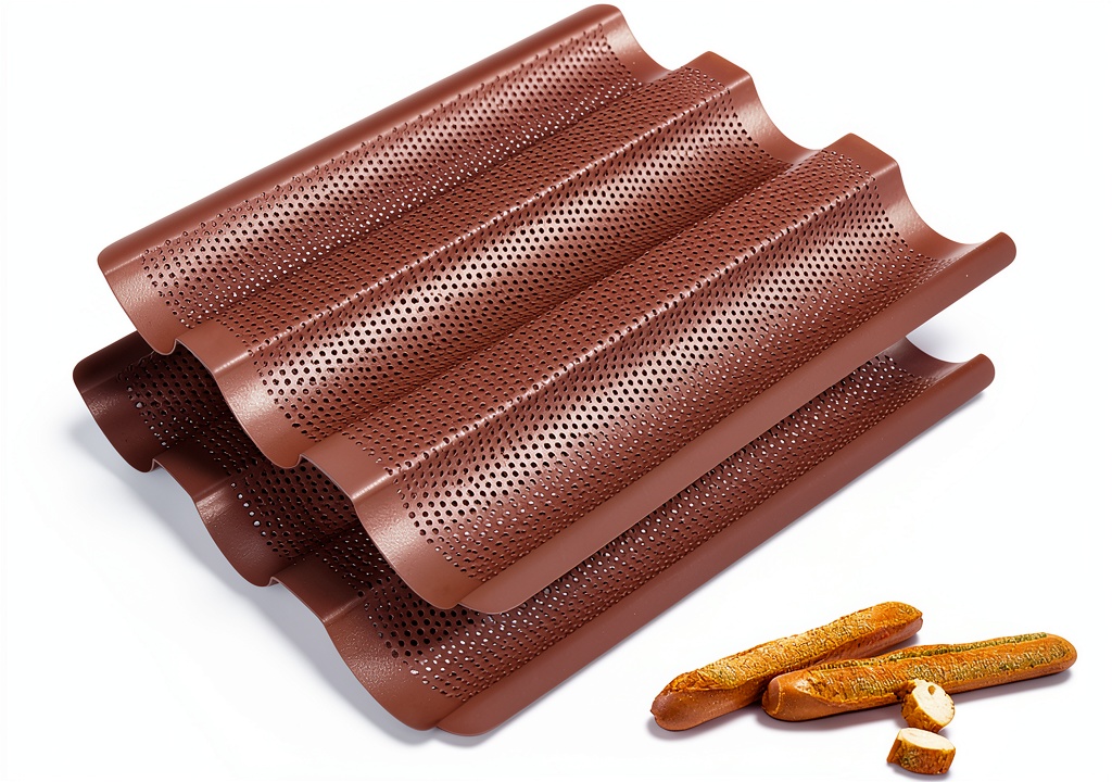 'TOPZEA baguette pan displaying gold color and rectangular shape on a kitchen counter'