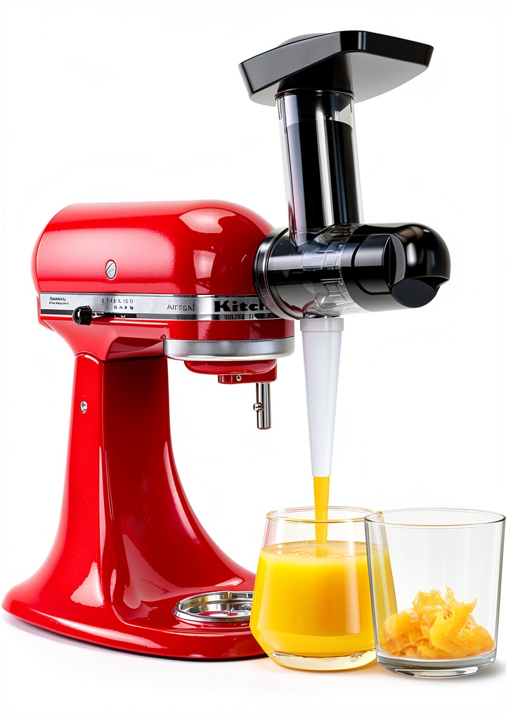 Fedowal juicer attachment connected to a KitchenAid mixer on a countertop