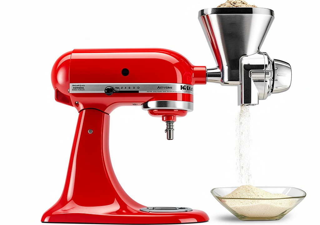 KitchenAid Grain Mill attached to a stand mixer on a countertop